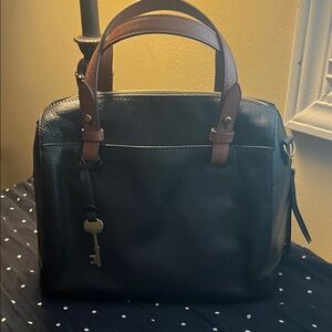 Fossil Black Leather Crossbody Satchel with Brown Handles